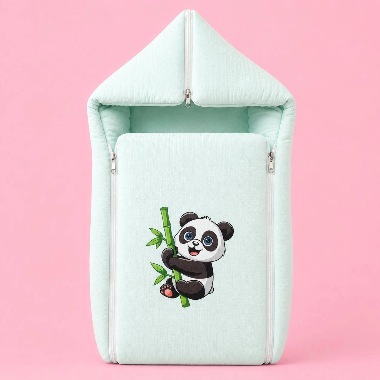 Baby Sleeping Bag And Carry Nest | Crinkled Muslin | Cyan | Panda  |  Bedding Set New Born Baby | Portable And Travel Friendly | 0-3 Months