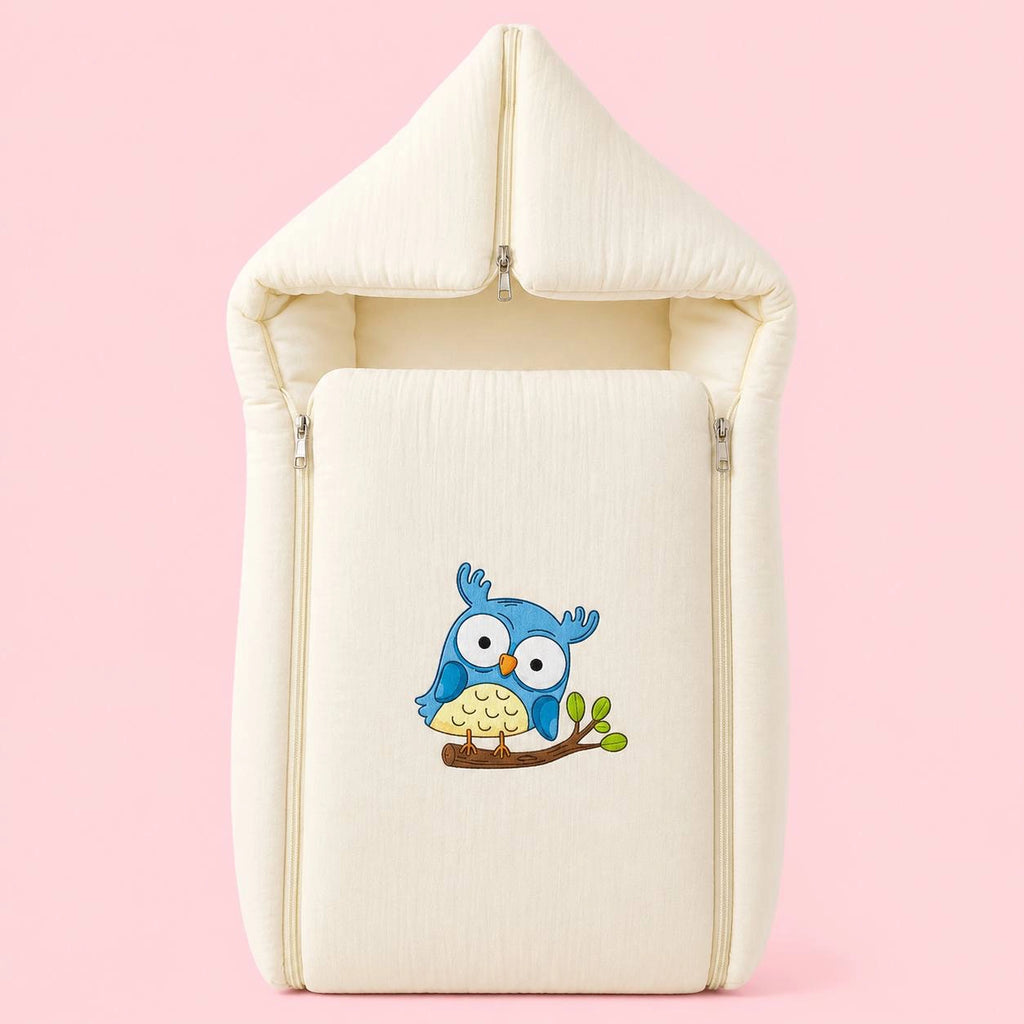Baby Sleeping Bag And Carry Nest | Crinkled Muslin | Yellow | Owl  |  Bedding Set New Born Baby | Portable And Travel Friendly | 0-3 Months