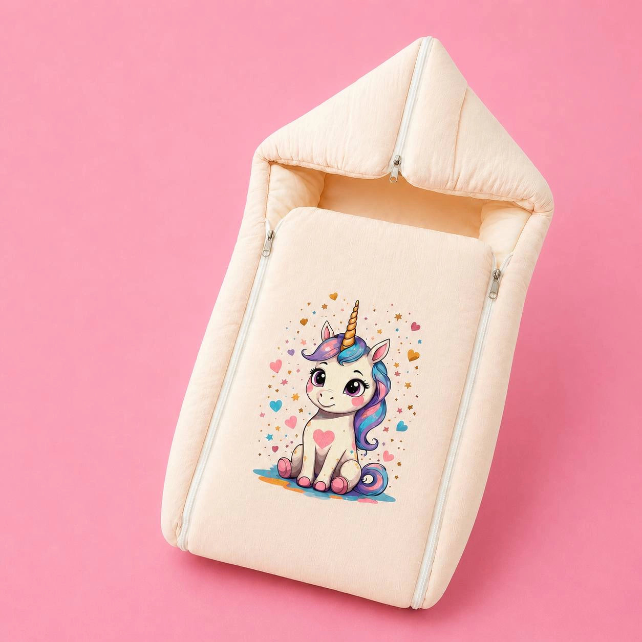 Baby Sleeping Bag And Carry Nest | Crinkled Muslin | Peach | Unicorn |  Bedding Set New Born Baby | Portable And Travel Friendly | 0-3 Months