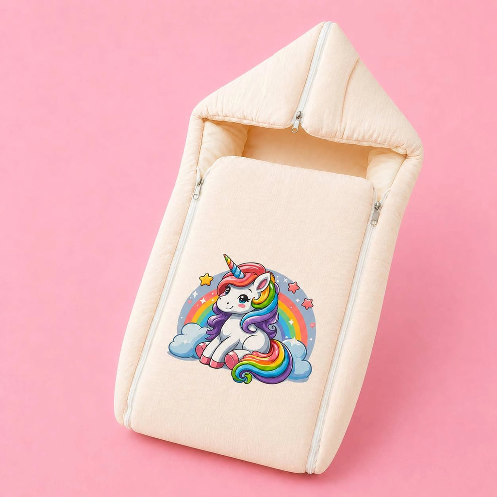 Baby Sleeping Bag & Carry Nest | Crinkled Muslin | Peach | Rainbow unicorn  | Newborn Bedding Set | Portable & Travel Friendly | 0–3 Months
