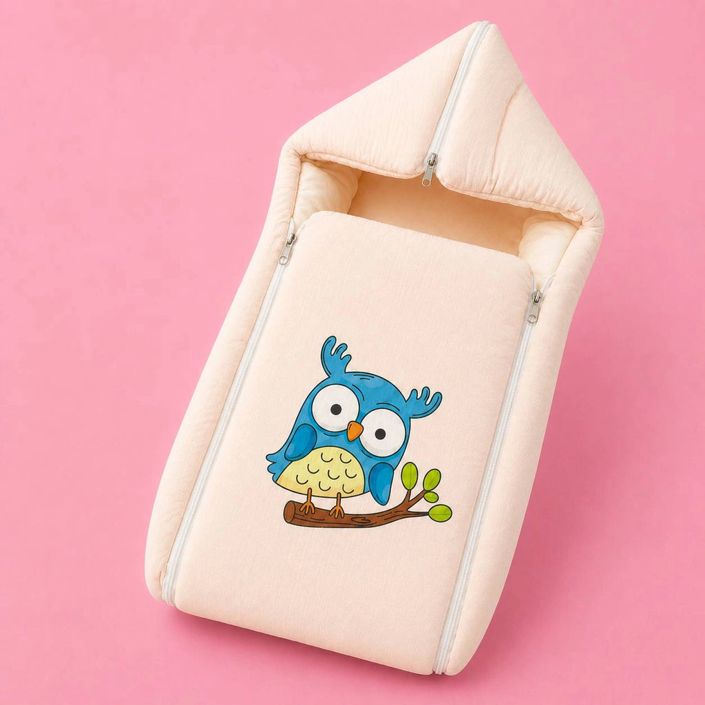 Baby Sleeping Bag & Carry Nest | Crinkled Muslin | Peach | Owl | Newborn Bedding Set | Portable & Travel Friendly | 0–3 Months