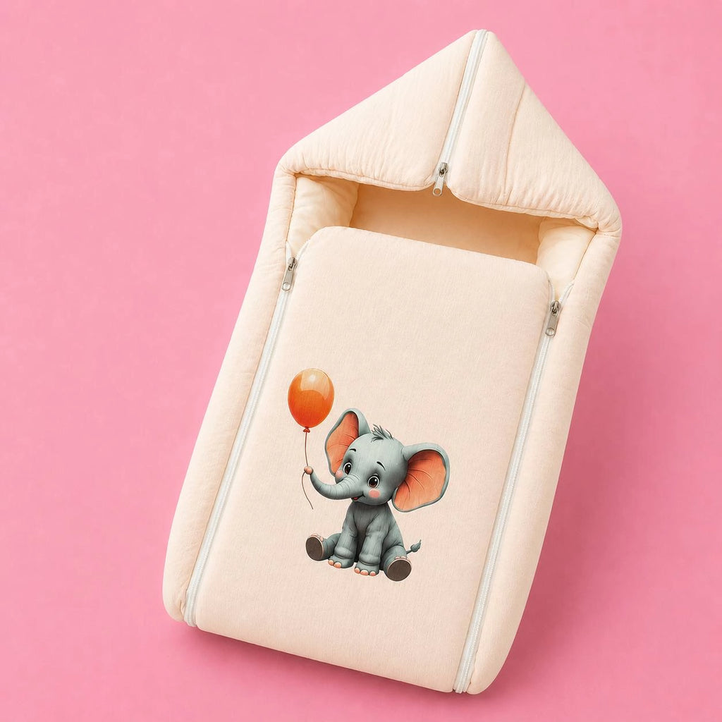 Baby Sleeping Bag And Carry Nest | Crinkled Muslin | Peach | Elephant |  Bedding Set New Born Baby | Portable And Travel Friendly | 0-3 Months