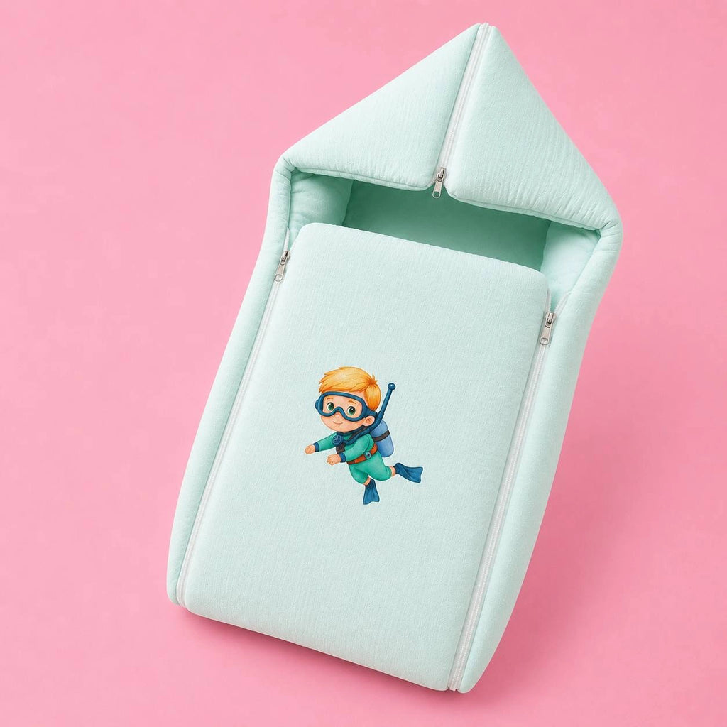 Baby Sleeping Bag And Carry Nest | Crinkled Muslin | Cyan | Swim Boy  |  Bedding Set New Born Baby | Portable And Travel Friendly | 0-3 Months