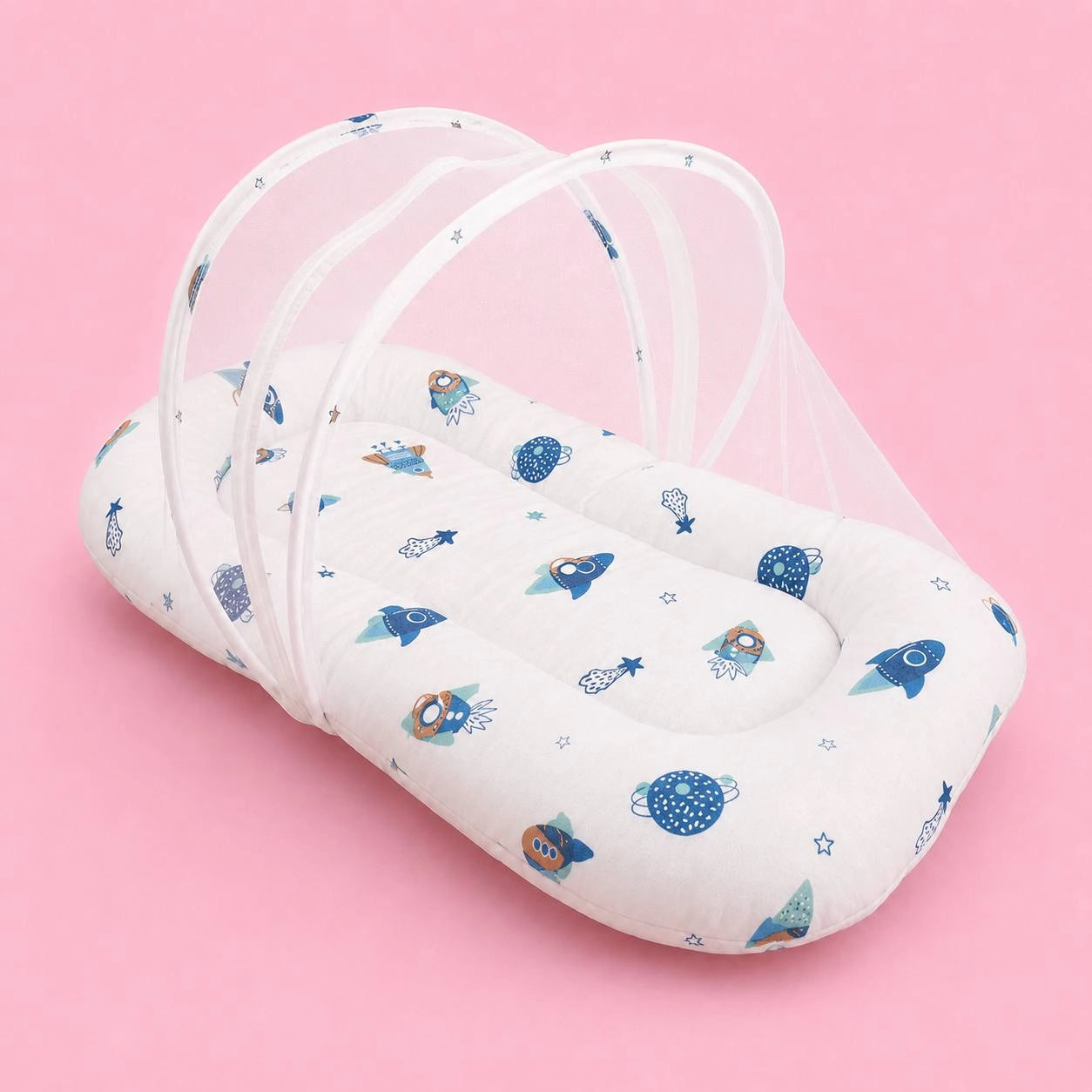 Baby Net Bed | Baby Bedding Set for New Born | Space | Bed Mattress with Mosquito Net & Cotton Pillow, Portable Sleeping Nest Travel Bed (Copy)