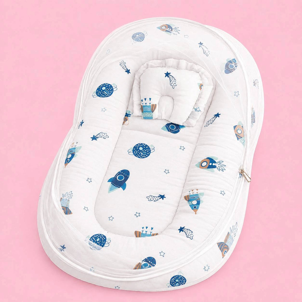 Baby Net Bed | Baby Bedding Set for New Born | Space | Bed Mattress with Mosquito Net & Cotton Pillow, Portable Sleeping Nest Travel Bed (Copy)