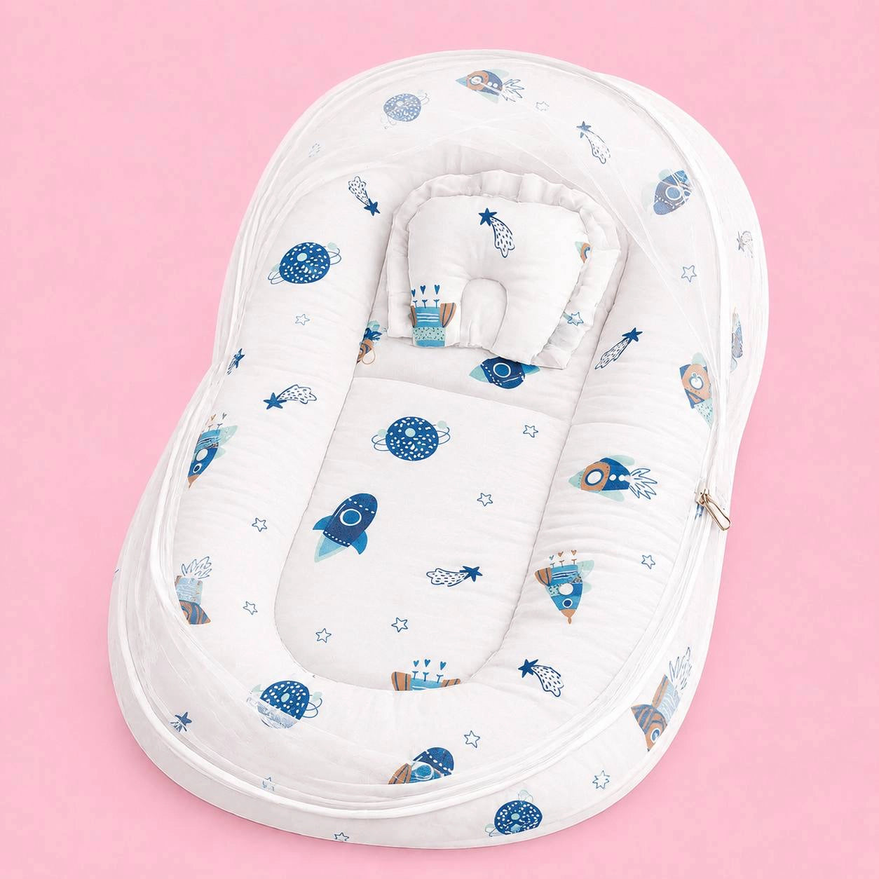 Baby Net Bed | Baby Bedding Set for New Born | Space | Bed Mattress with Mosquito Net & Cotton Pillow, Portable Sleeping Nest Travel Bed (Copy)