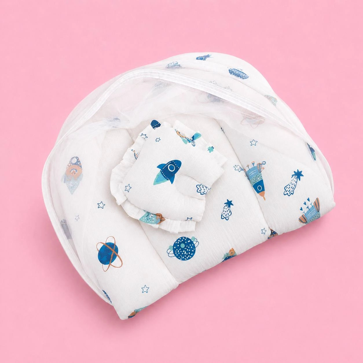 Baby Net Bed | Baby Bedding Set for New Born | Space | Bed Mattress with Mosquito Net & Cotton Pillow, Portable Sleeping Nest Travel Bed (Copy)