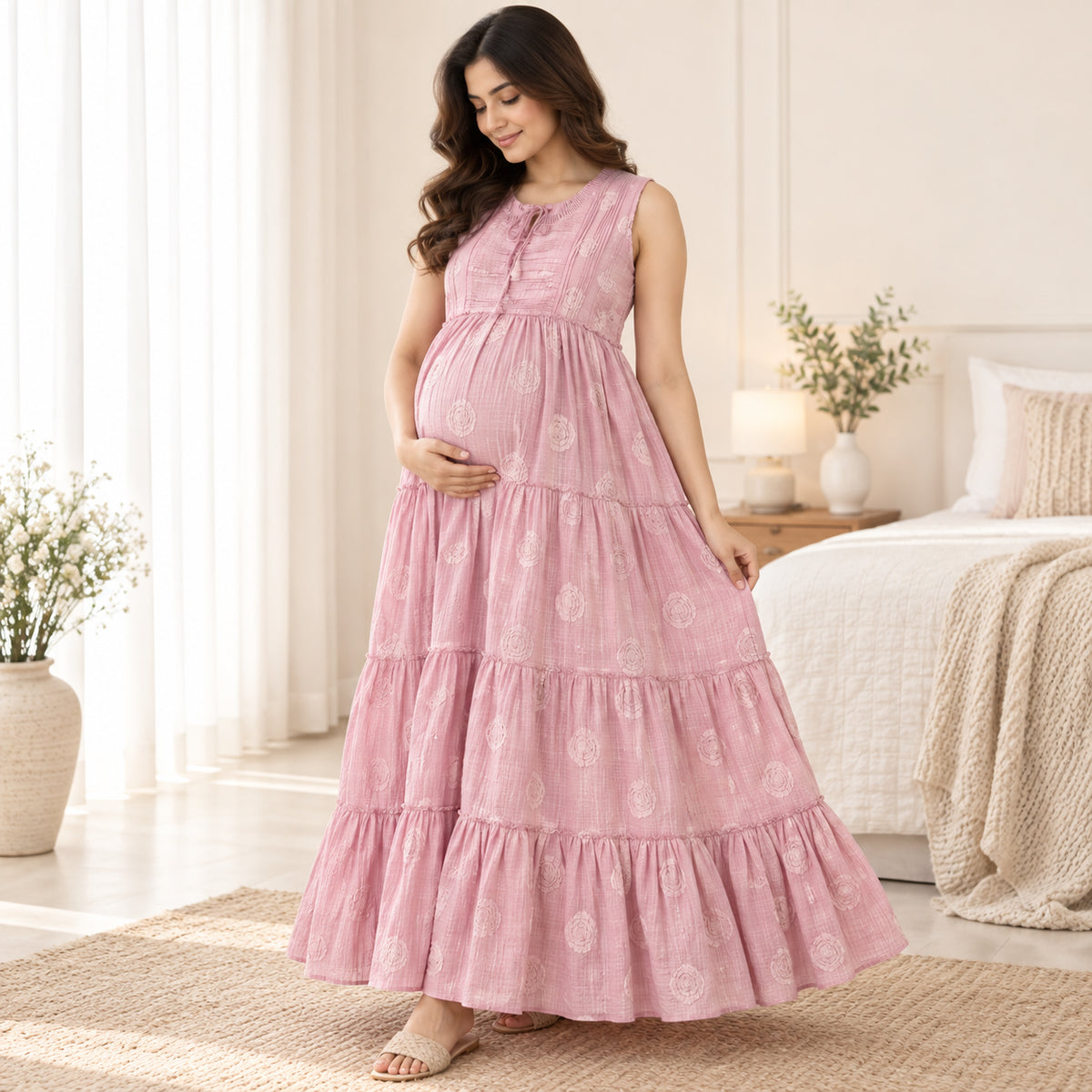 Printed Maternity & Nursing Maxi Dress|Blush Pink|