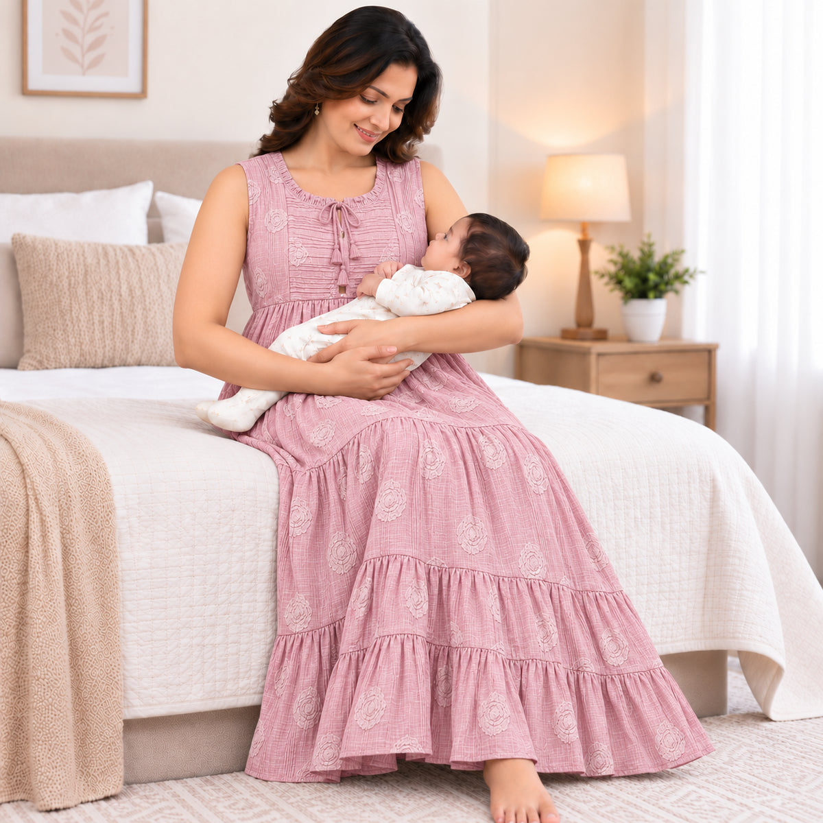 Printed Maternity & Nursing Maxi Dress|Blush Pink|
