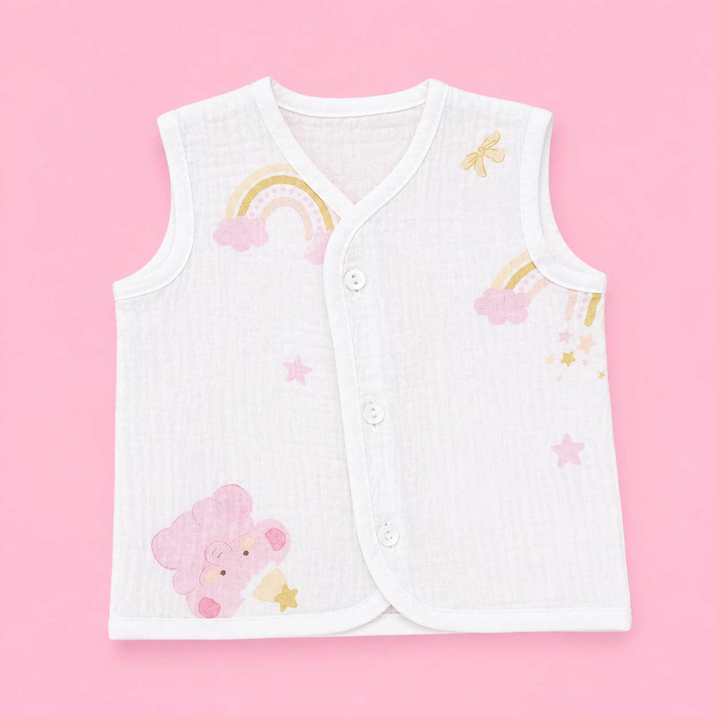 Crinkled Muslin Button Jabala | White Rainbow | Soft Muslin Summer Wear For Babies | 0-3 Months  | Pack Of 1