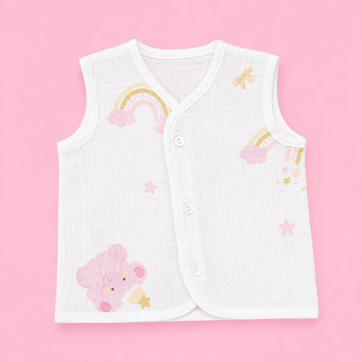 Crinkled Muslin Button Jabala | White Rainbow | Soft Muslin Summer Wear For Babies | 0-3 Months  | Pack Of 1