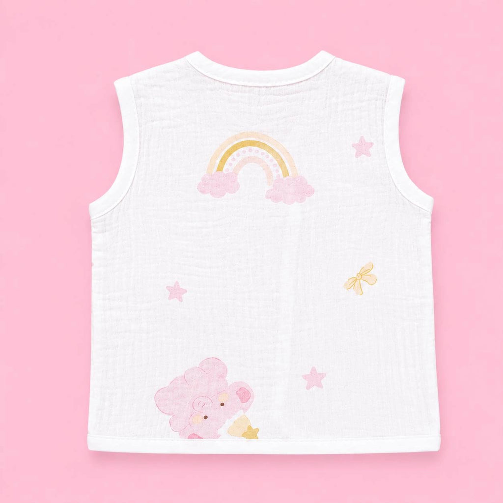 Crinkled Muslin Button Jabala | White Rainbow | Soft Muslin Summer Wear For Babies | 0-3 Months  | Pack Of 1