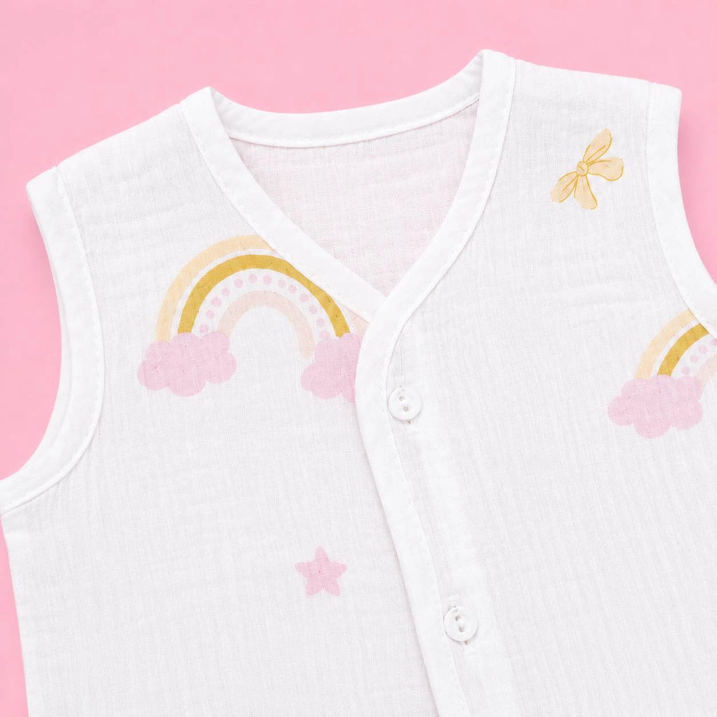 Crinkled Muslin Button Jabala | White Rainbow | Soft Muslin Summer Wear For Babies | 0-3 Months  | Pack Of 1
