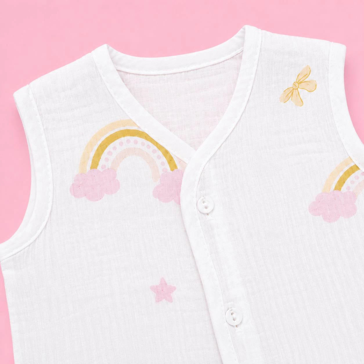 Crinkled Muslin Button Jabala | White Rainbow | Soft Muslin Summer Wear For Babies | 0-3 Months  | Pack Of 1