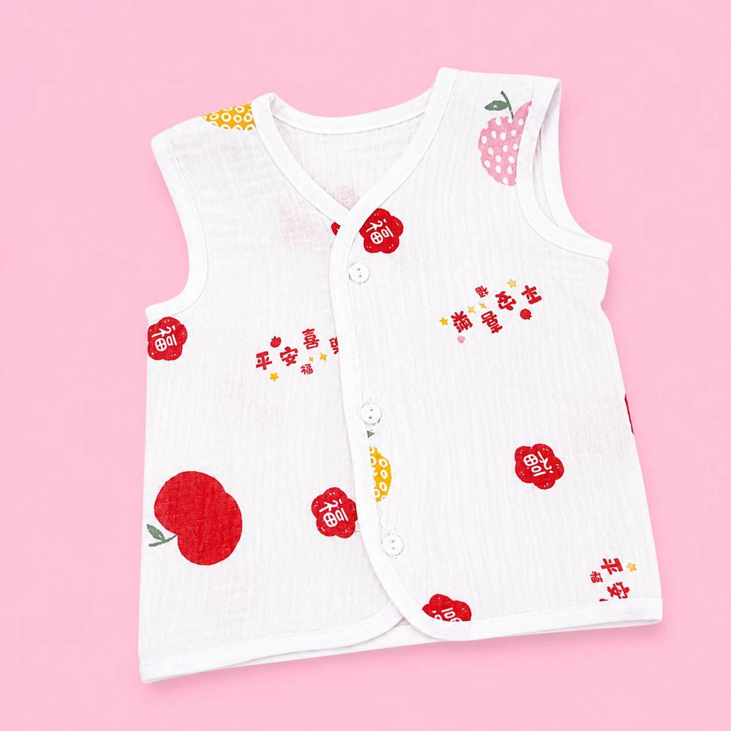 Crinkled Muslin Button Jabala | White Red Chery | Soft Muslin Summer Wear For Babies | 0-3 Months  | Pack Of 1