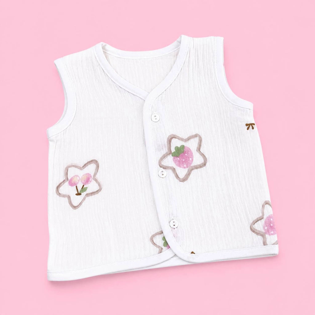 Crinkled Muslin Button Jabala | White Star | Soft Muslin Summer Wear For Babies | 0-3 Months  | Pack Of 1