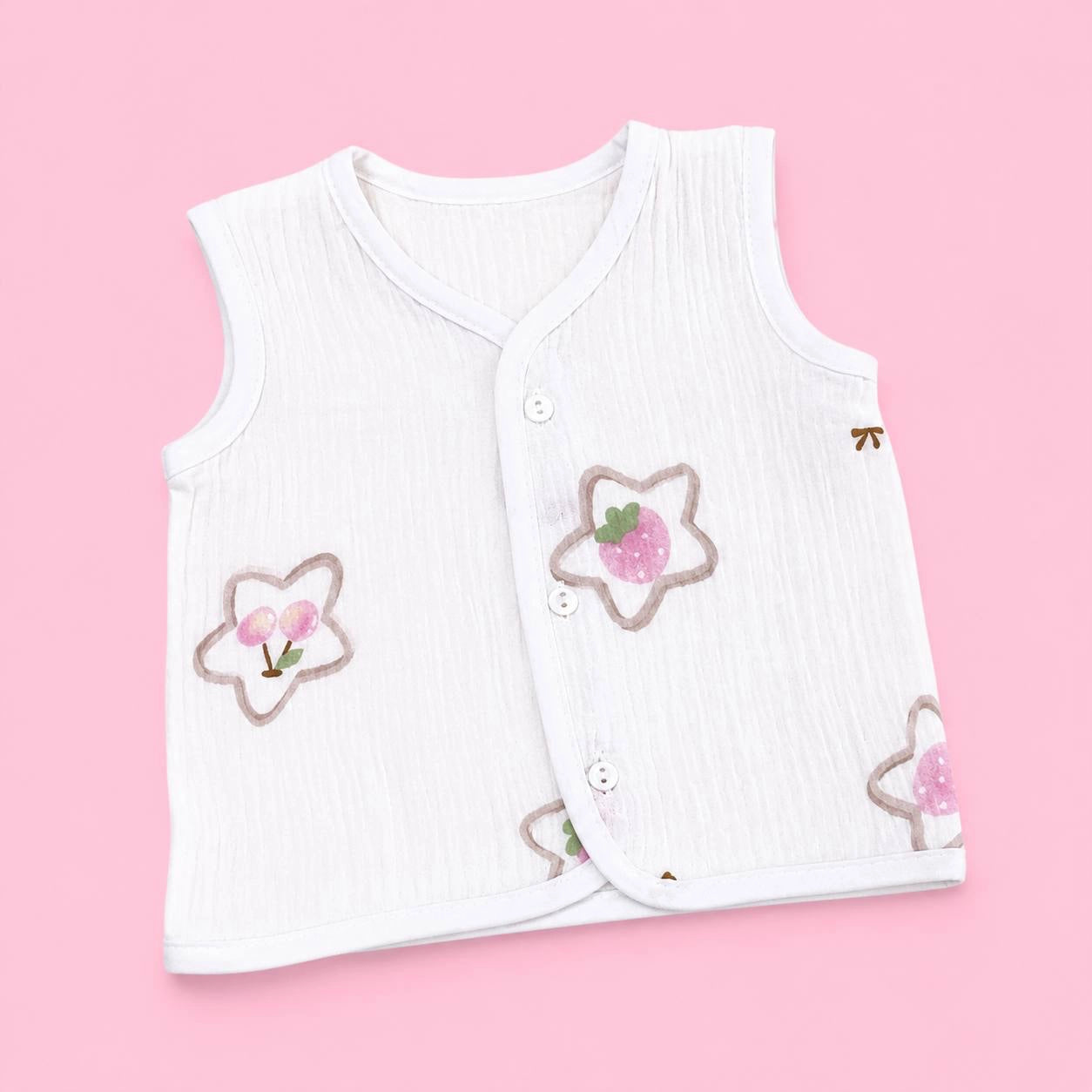 Crinkled Muslin Button Jabala | White Star | Soft Muslin Summer Wear For Babies | 0-3 Months  | Pack Of 1